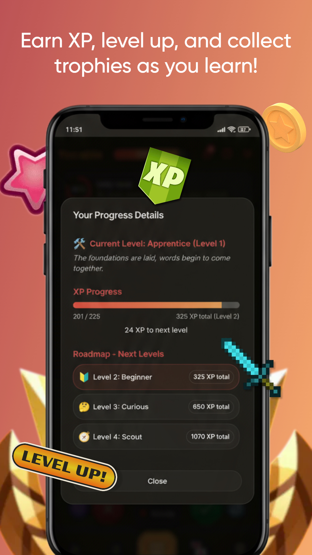 XP and achievements screens